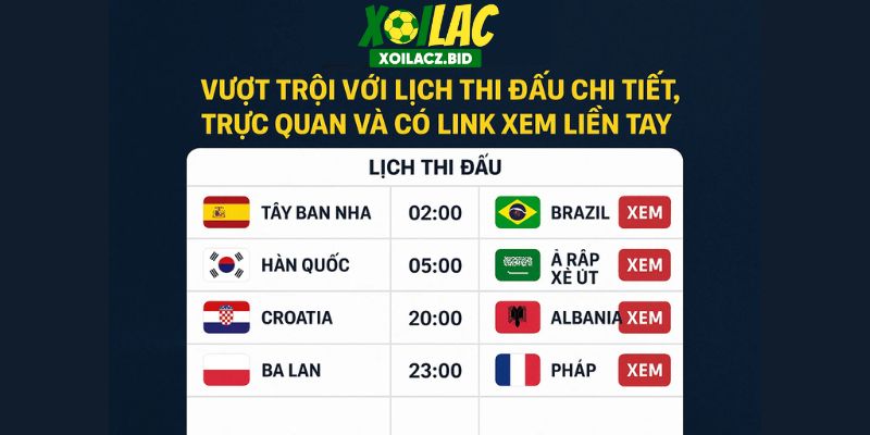 Vượt trội với lịch thi đấu chi tiết, trực quan và có link xem liền tay. Vượt trội với lịch thi đấu chi tiết, trực quan và có link xem liền tay.