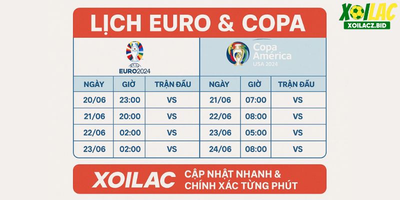 Lịch Euro & Copa trên XOILAC luôn cập nhật nhanh và chính xác từng phút. Lịch Euro & Copa trên XOILAC luôn cập nhật nhanh và chính xác từng phút.
